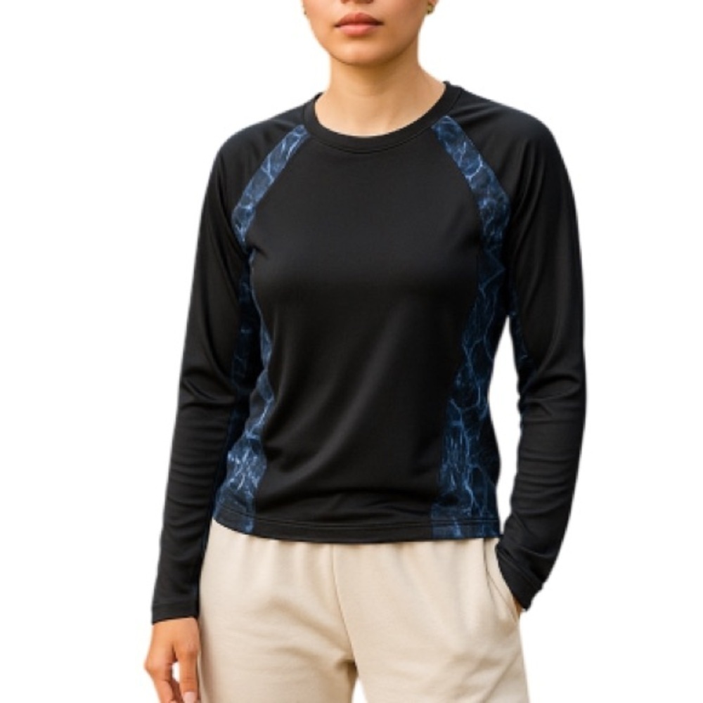 Reitmans Hyba Activewear Long Sleeve Top Blue Black Marble Mesh Thumb Holes M